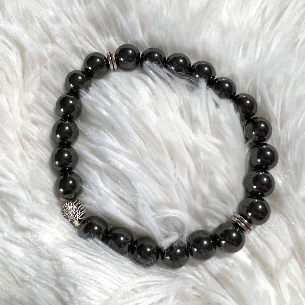 Hematite Gemstone / Tree‎ Life Bead Bracelet 6 3/4 in - 17.2 cm